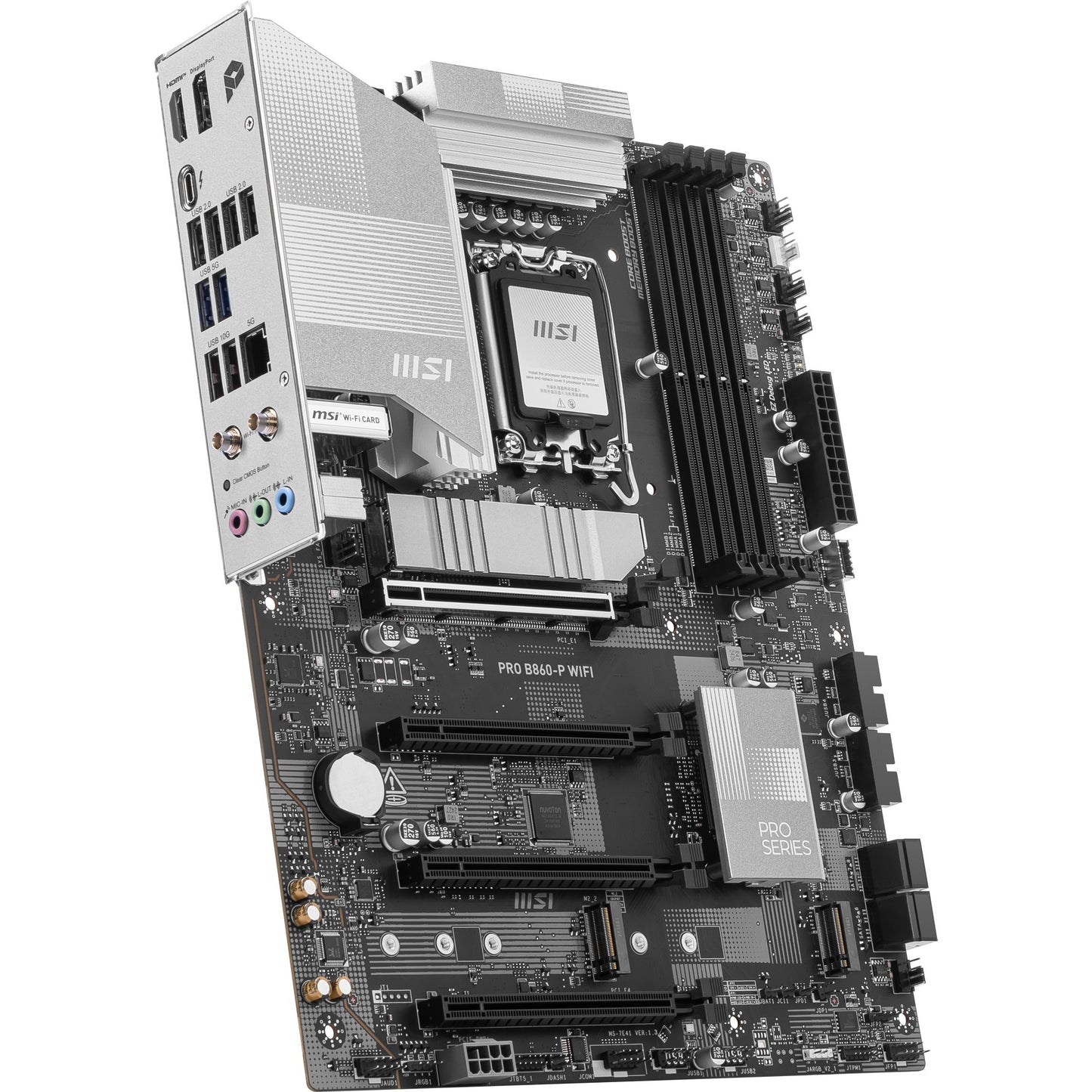 MSI pro b860-p wifi socket 1851 moederbord (zilver, raid, 5gb-lan, wi-fi 7, bt, sound, atx)