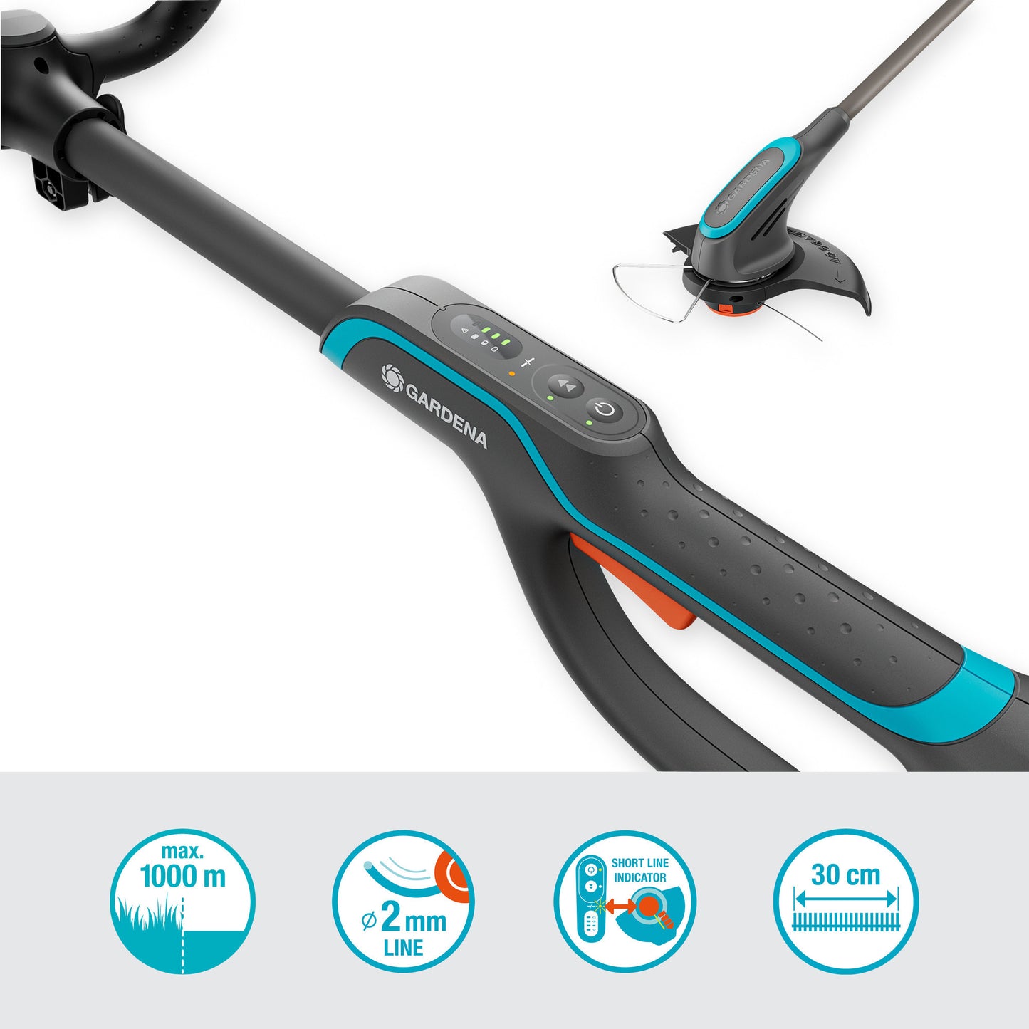 GARDENA powertrim 30 18v set 4.0 ah met 18v p4a accu grastrimmer (grijs turquoise, accu en lader inbegrepen)