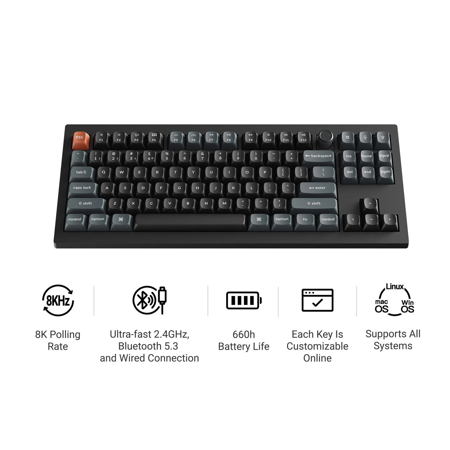Keychron v3 ultra 8k wireless custom mechanical keyboard (zwart, us lay-out (qwerty), silk pom red, 80% (tkl), rgb, hot swap, 2.4 ghz | bluetooth 5.3 | usb-c)
