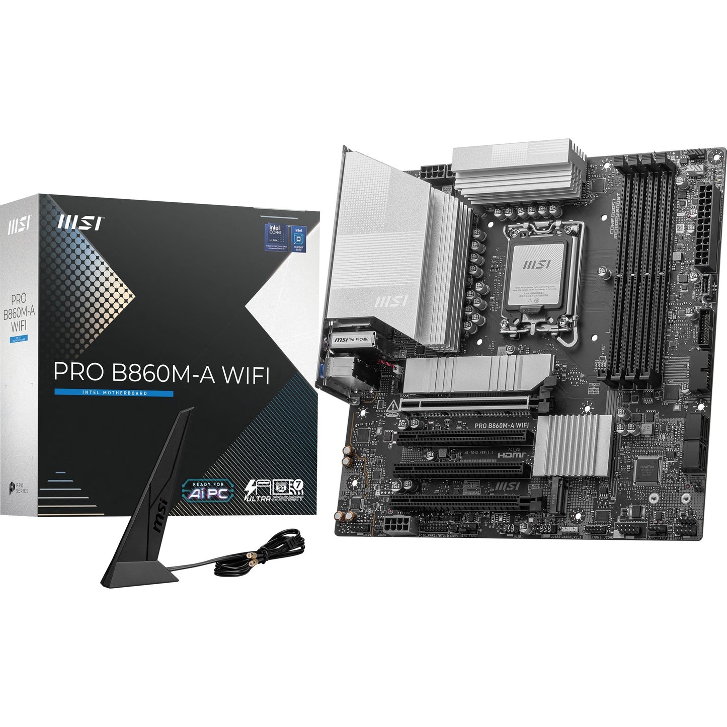 MSI pro b860m-a wifi socket 1851 moederbord (zilver, raid, 5gb-lan, wi-fi 7, bt, sound, µatx)