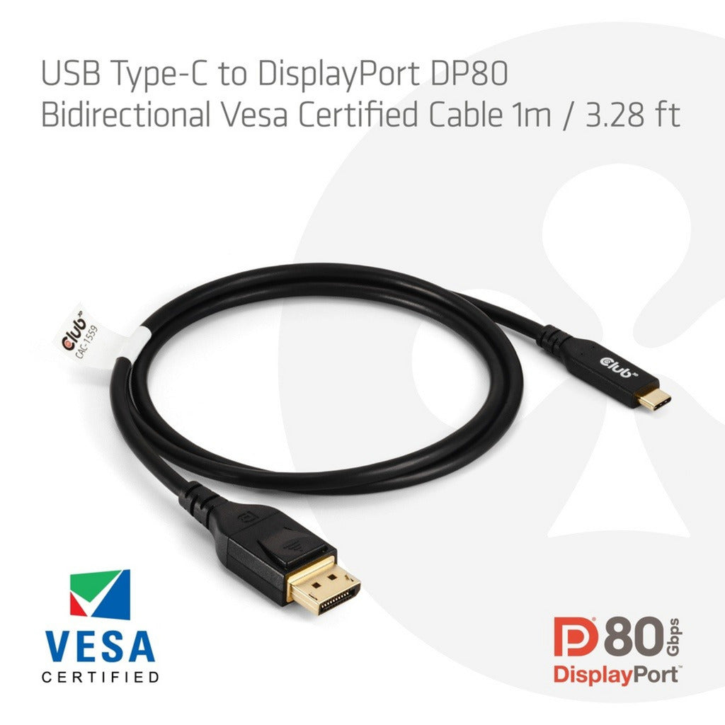 Club 3D usb-c naar displayport dp80 bidirectioneel adapter (zwart, 1 meter, vesa-gecertificeerd)