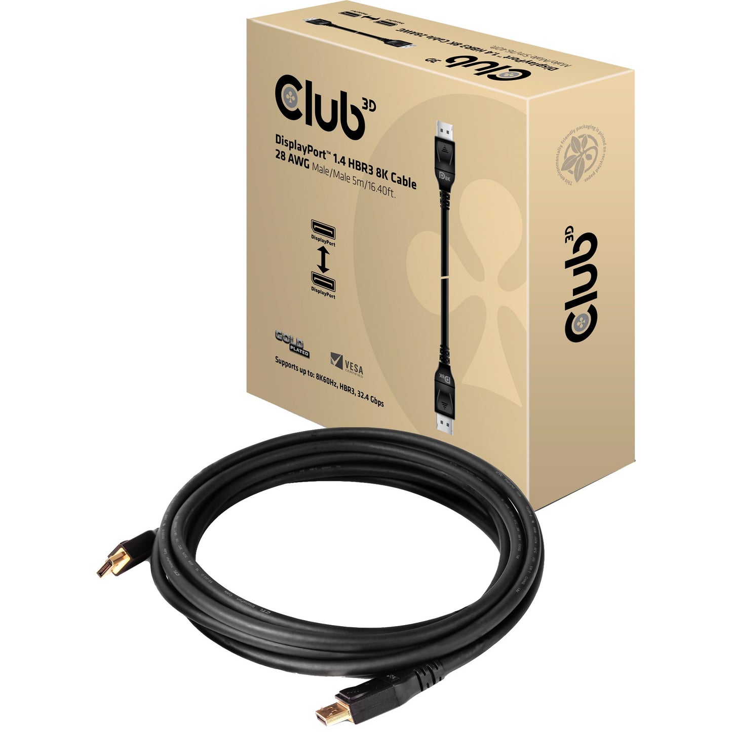 Club 3D displayport 1.4 hbr3 kabel (zwart, 5 meter, 8k 60hz)