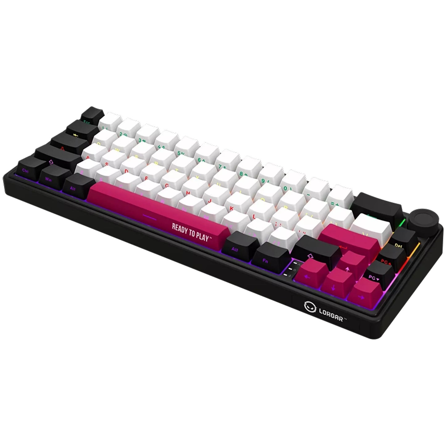 LORGAR kbp70mw rgb mechanisch gaming toetsenbord (zwart, us lay-out (qwerty), logar toxic purple, 65%, rgb, hot-swappable, pbt double-shot, bluetooth | 2.4ghz | usb)
