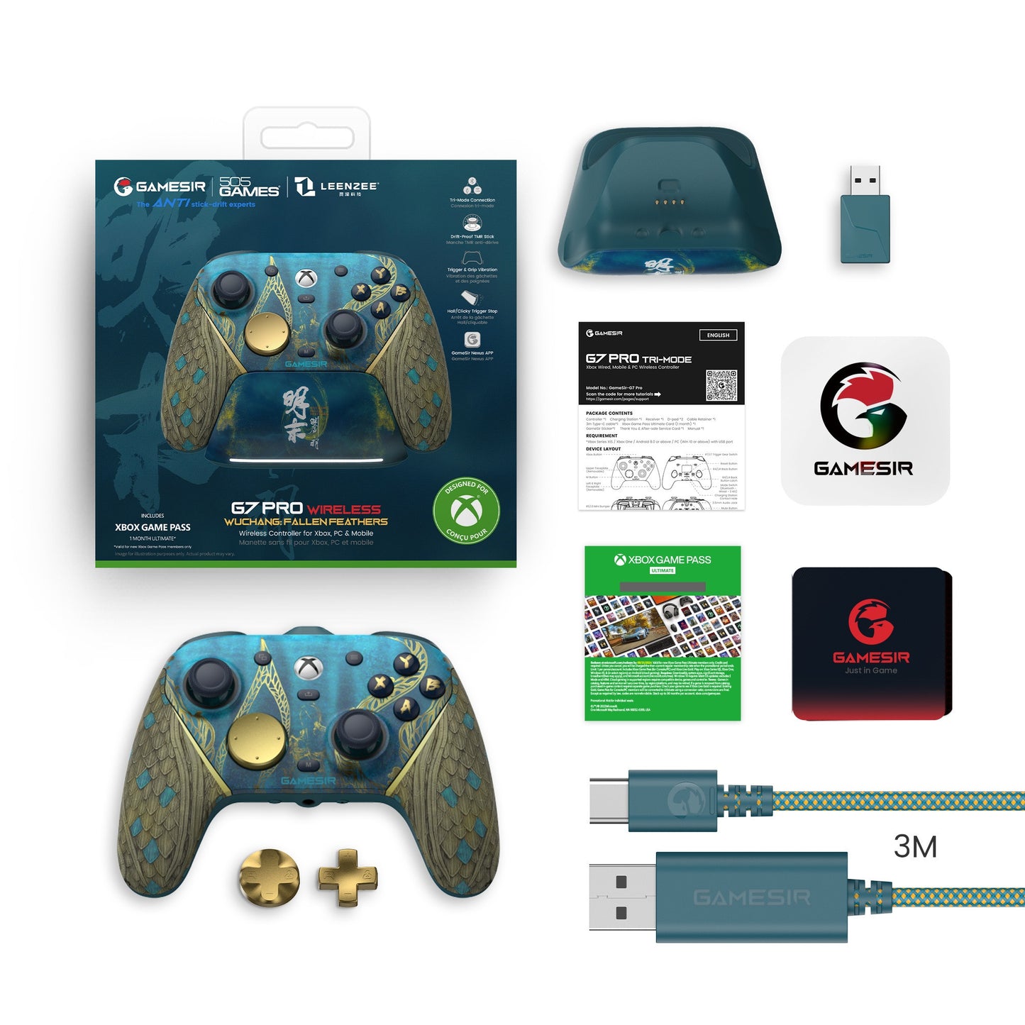GameSir G7 Pro Tri-Mode - Wuchang Version (Wireless for Xbox) gamepad (Blauw goud, Xbox Series X|S, Xbox One, pc, Android, Steam)