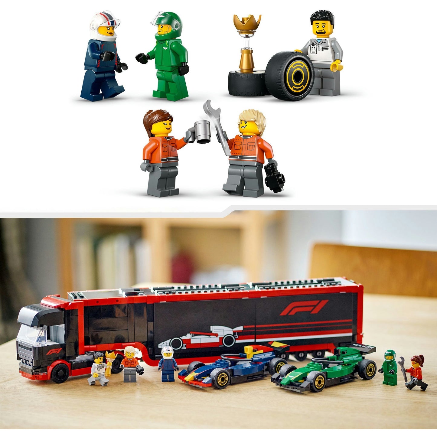 LEGO city 60445 f1 truck met rb20 en amr24 f1 auto's