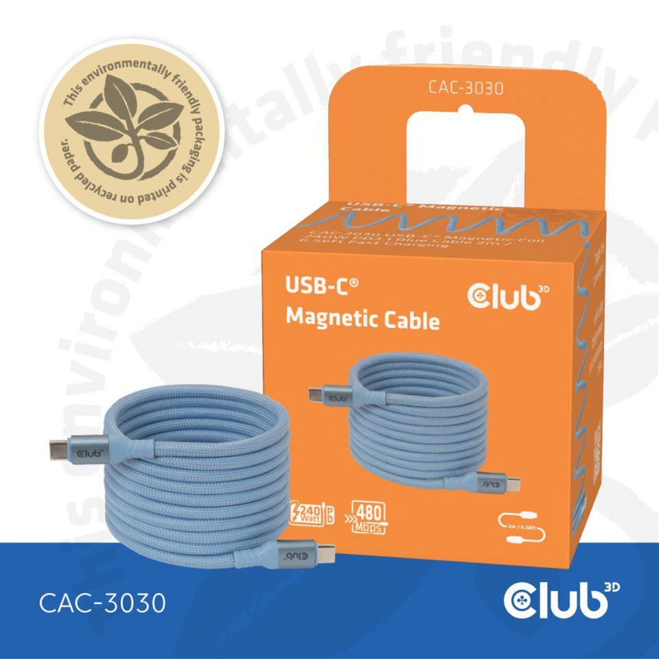 Club 3D usb-c magnetic-coil 240w pd3.1 blue cable, 2 meter kabel (blauw)