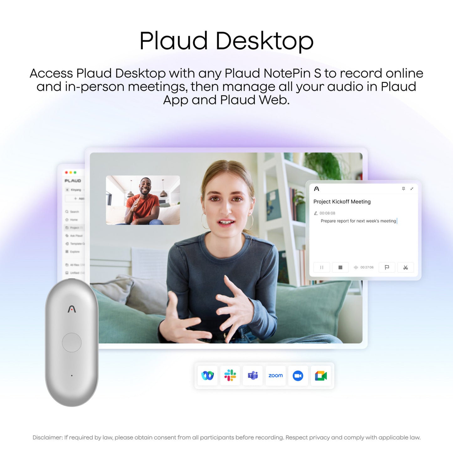 Plaud NotePin S dicteerapparaat (Paars, 64 GB, Bluetooth 5.2 BLE (Bluetooth Low Energy) Wi-Fi)