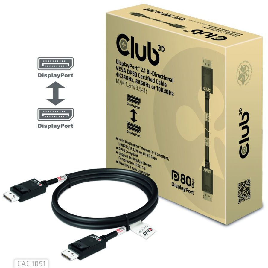 Club 3D displayport 2.1 vesa dp80 gecertificeerde kabel male-male (zwart, 1,2 meter, 4k 240hz, 8k 60hz, 80gbps)