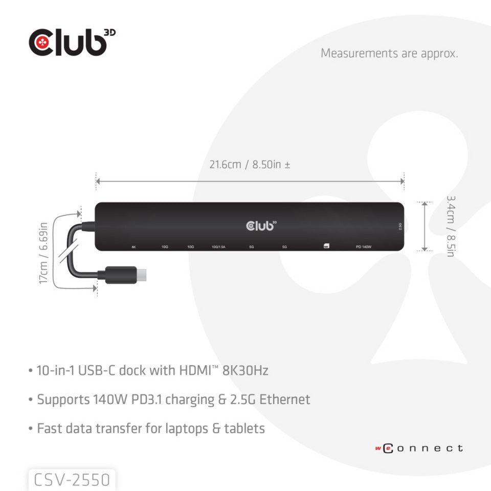 Club 3D 10-1 portable dock usb type-c 10gbps to hdmi 8k30hz pd3.1 max.140 watt dockingstation (zwart, hdmi, usb-c, lan)