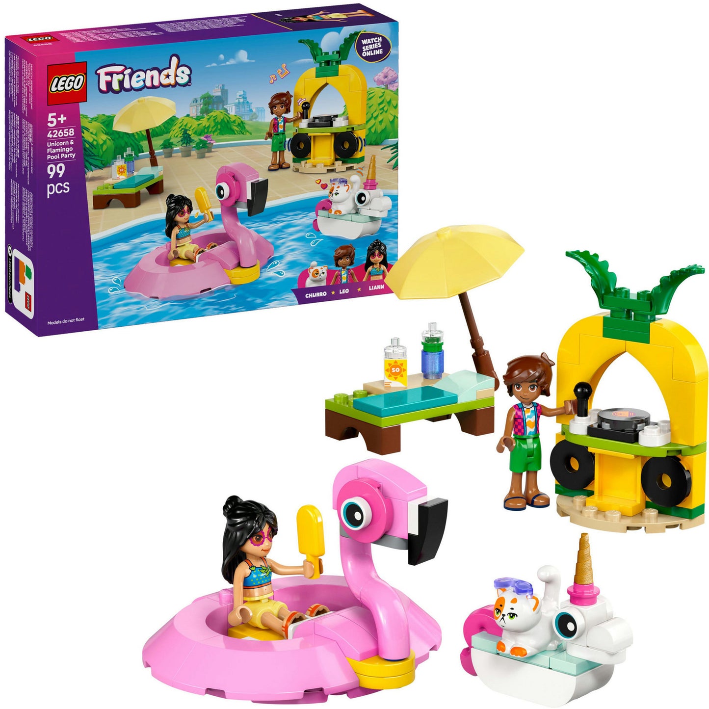 LEGO friends 42658 zwembadfeestje met flamingo en eenhoorn