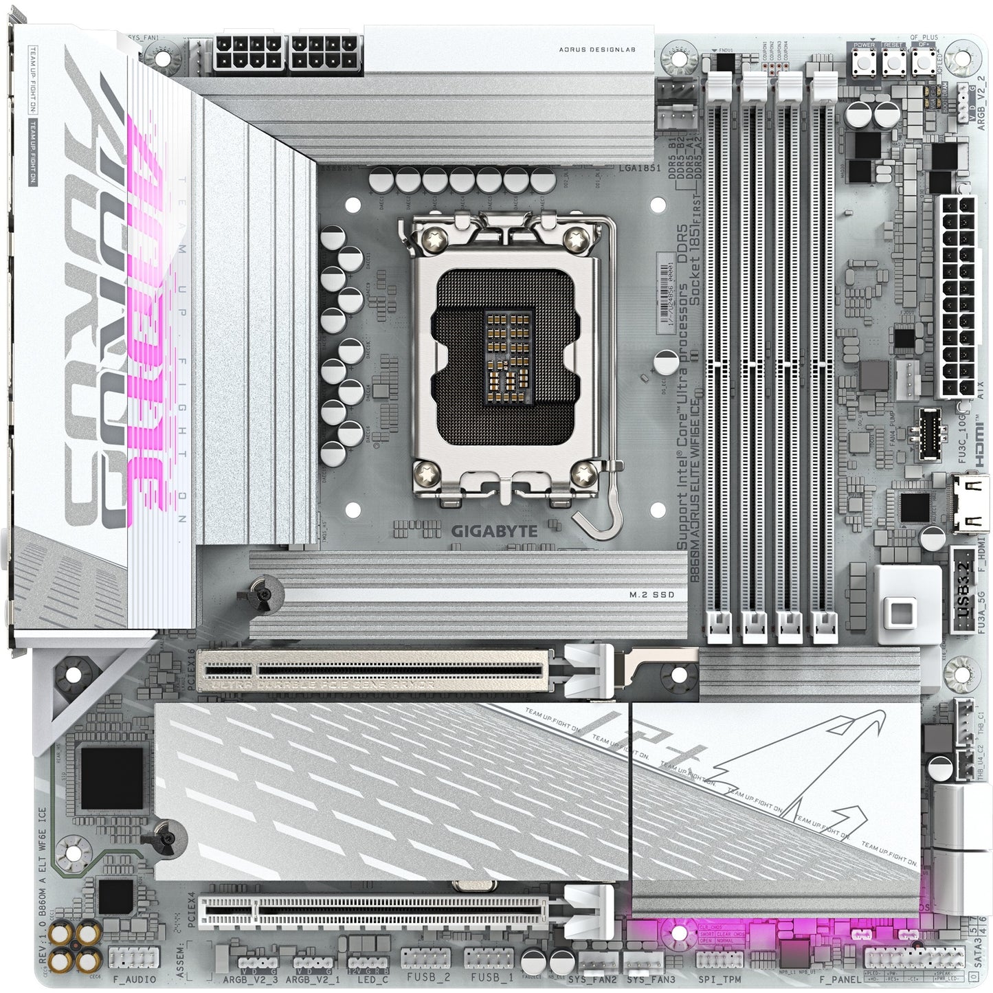 GIGABYTE b860m aorus elite wifi6e ice socket 1851 moederbord (zilver wit, raid, 2.5gb-lan, wi-fi 7, bt, sound, µatx)