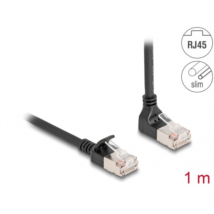 DeLOCK rj45 network cable cat.6a s ftp slim 90° upwards angled straight 1 m kabel (zwart)