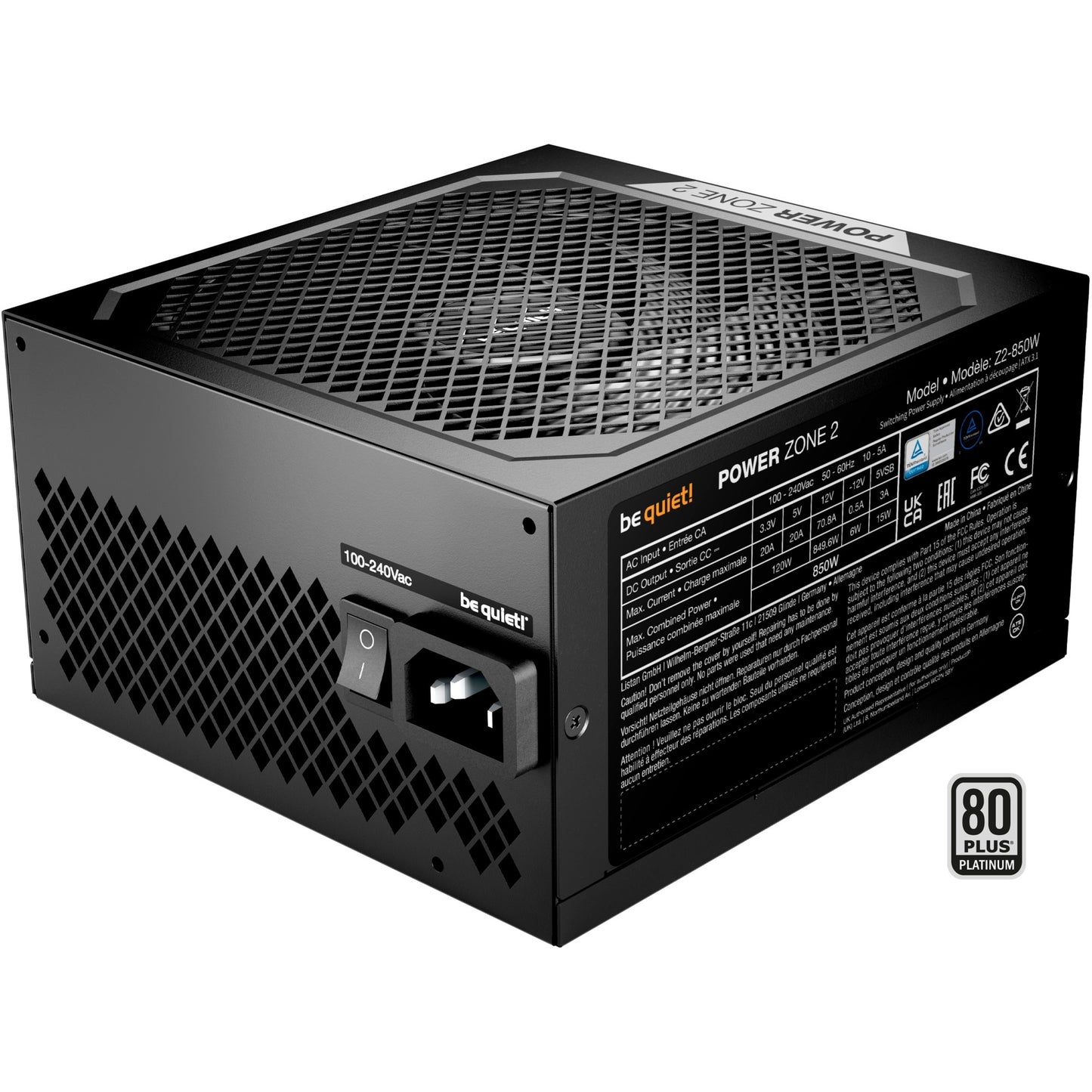 Be Quiet! power zone 2 modulaire 850 watt voeding (zwart, 1x 12v-2x6, 3x pcie)