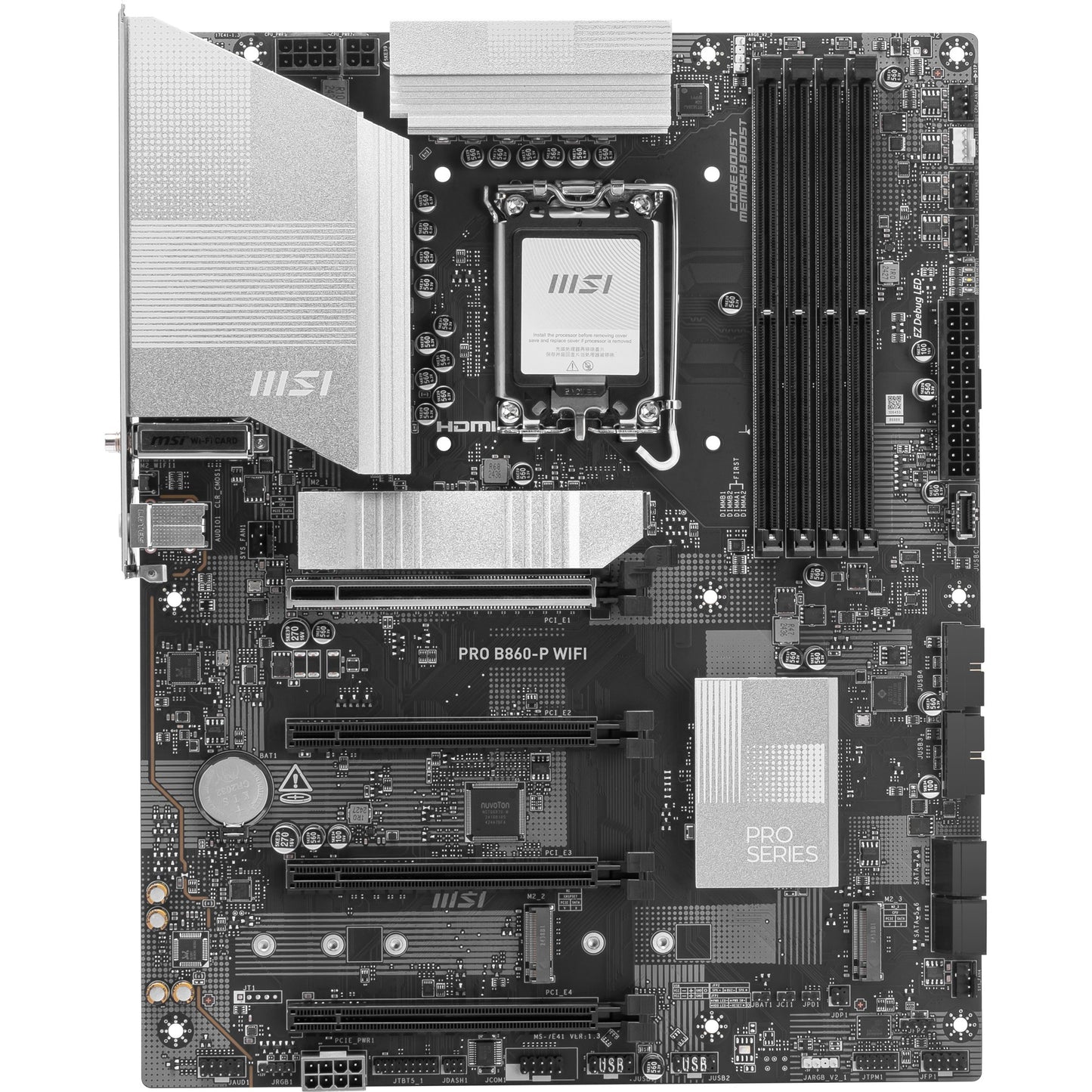 MSI pro b860-p wifi socket 1851 moederbord (zilver, raid, 5gb-lan, wi-fi 7, bt, sound, atx)