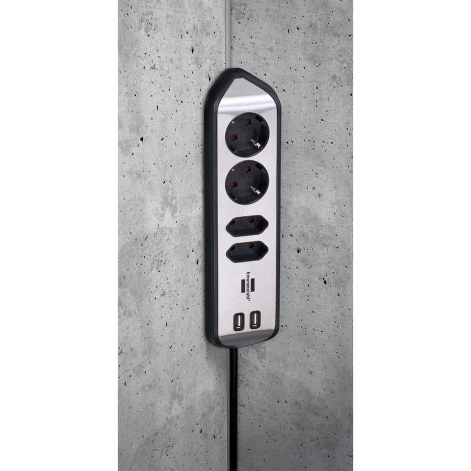 Brennenstuhl estilo hoekstekkerdoos 4-voudig stekkerdoos (zwart roestvrij staal, 2x usb)