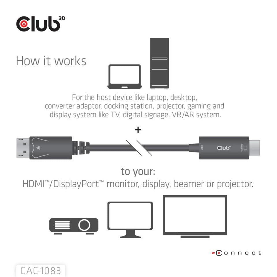 Club 3D displayport 1.4 to hdmi 4k60hz kabel adapter (zwart, hdr m m 2m)