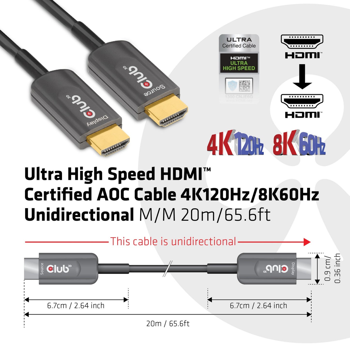 Club 3D ultra high speed aoc hdmi 2.1 gecertificeerde unidirectioneel kabel male-male (zwart, 20 meter, 4k 120hz, 8k 60hz, 48gbps)