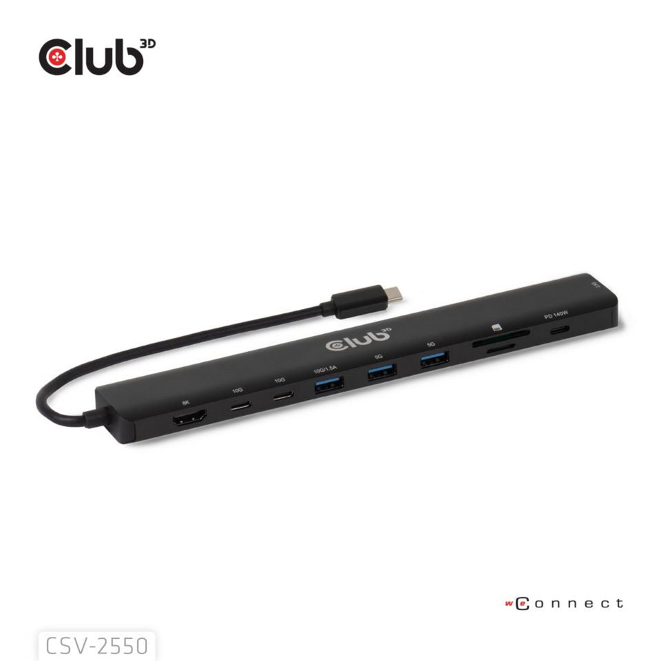 Club 3D 10-1 portable dock usb type-c 10gbps to hdmi 8k30hz pd3.1 max.140 watt dockingstation (zwart, hdmi, usb-c, lan)