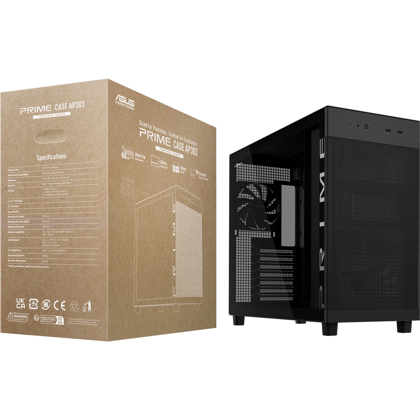 ASUS prime ap303 - tempered glass panel midi tower behuizing (zwart | 2x usb-a | 1x usb-c | tempered glass)