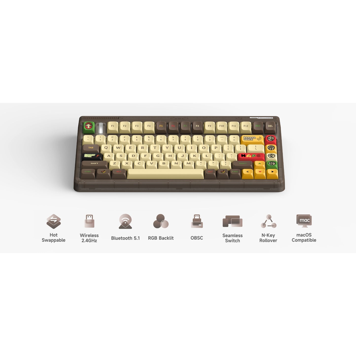 Iqunix OG80 Happy Ape Wireless Mechanical Keyboard (Zwart, US lay-out (QWERTY), IQUNIX Moonstone, 80% (TKL), RGB leds, Hot-swappable, PBT, 2.4GHz | Bluetooth 5.1 | USB-C)