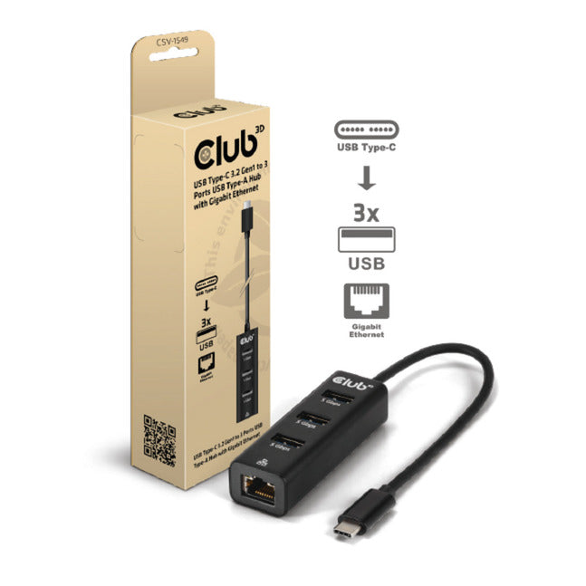 Club 3D usb-c 5 gbps naar 3 poorten usb type-a-hub met gigabit ethernet adapter (zwart)