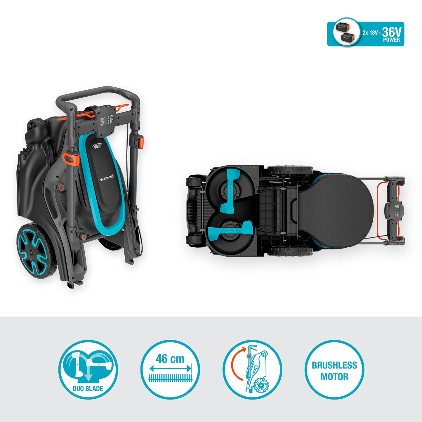 GARDENA grasmaaier powermax duo 46 36v (zwart grijs, 2x accu en lader inbegrepen)