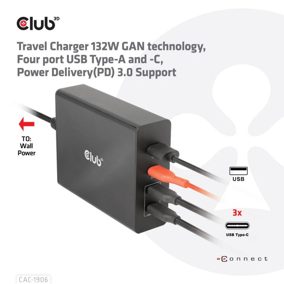 Club 3D travel charger 132w gan technology (zwart, usb-a, usb-c, power delivery (pd) 3.0)