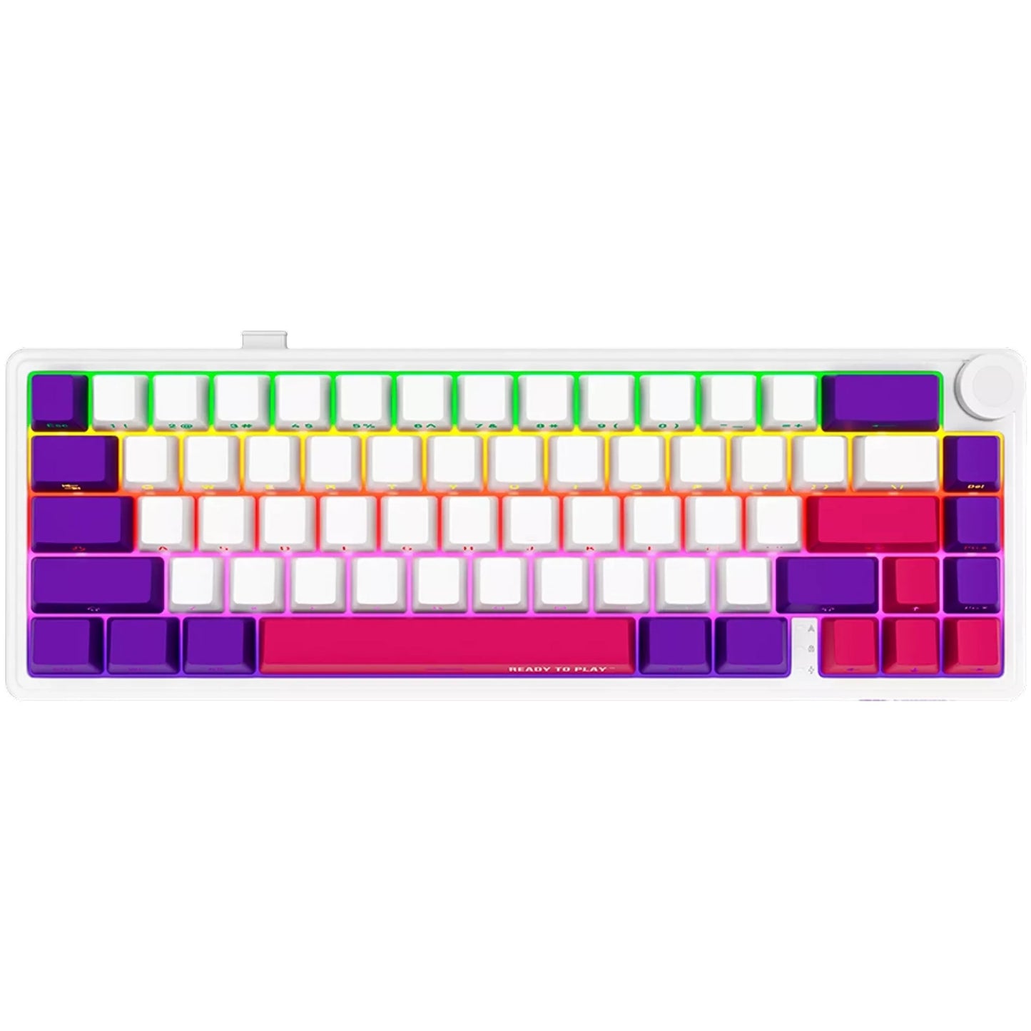 LORGAR kbp70mw rgb mechanisch gaming toetsenbord (wit, us lay-out (qwerty), logar toxic purple, 65%, rgb, hot-swappable, pbt double-shot, bluetooth | 2.4ghz | usb)