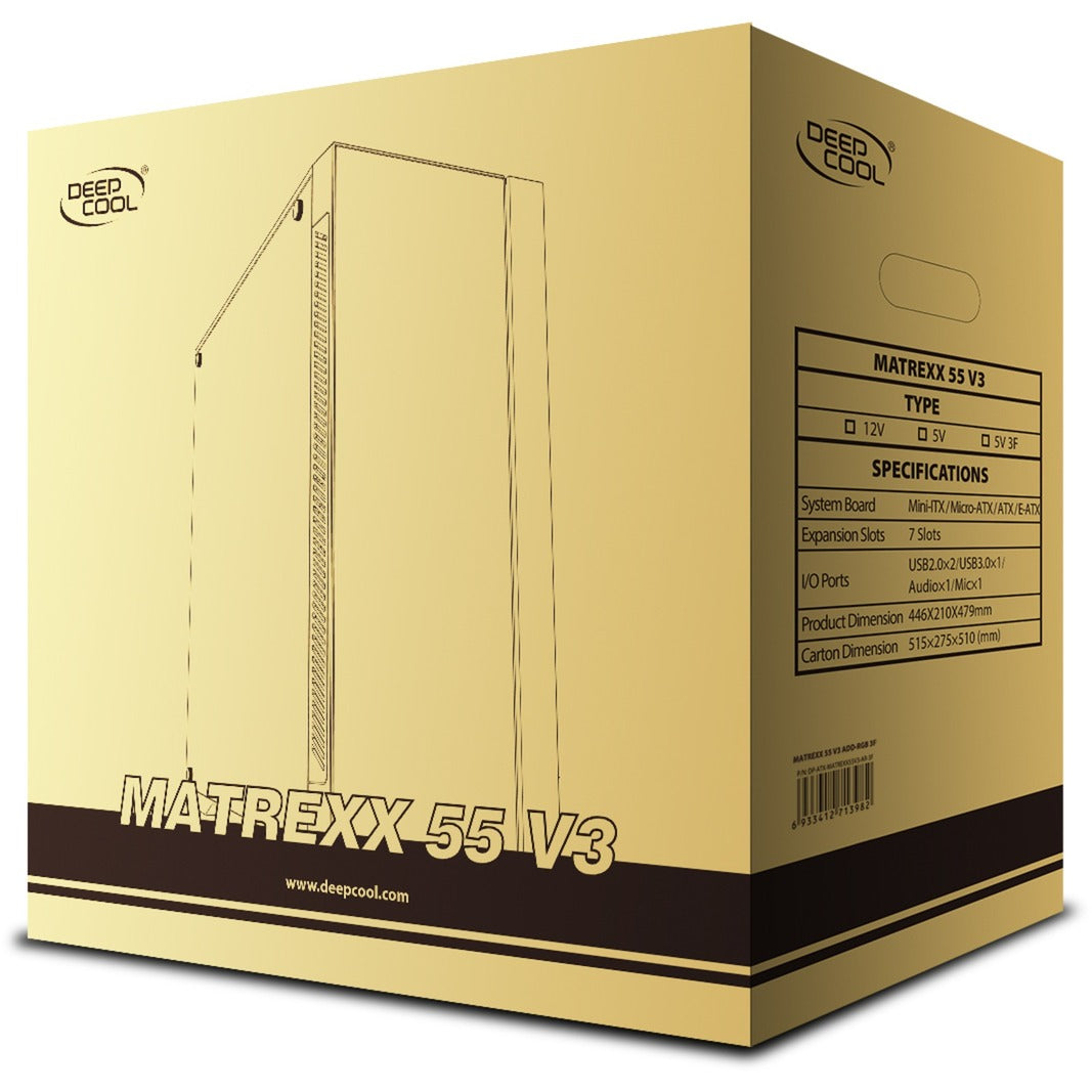 DeepCool matrexx 55 v3 add-rgb 3f midi tower behuizing (zwart | 3x usb-a | rgb | window)
