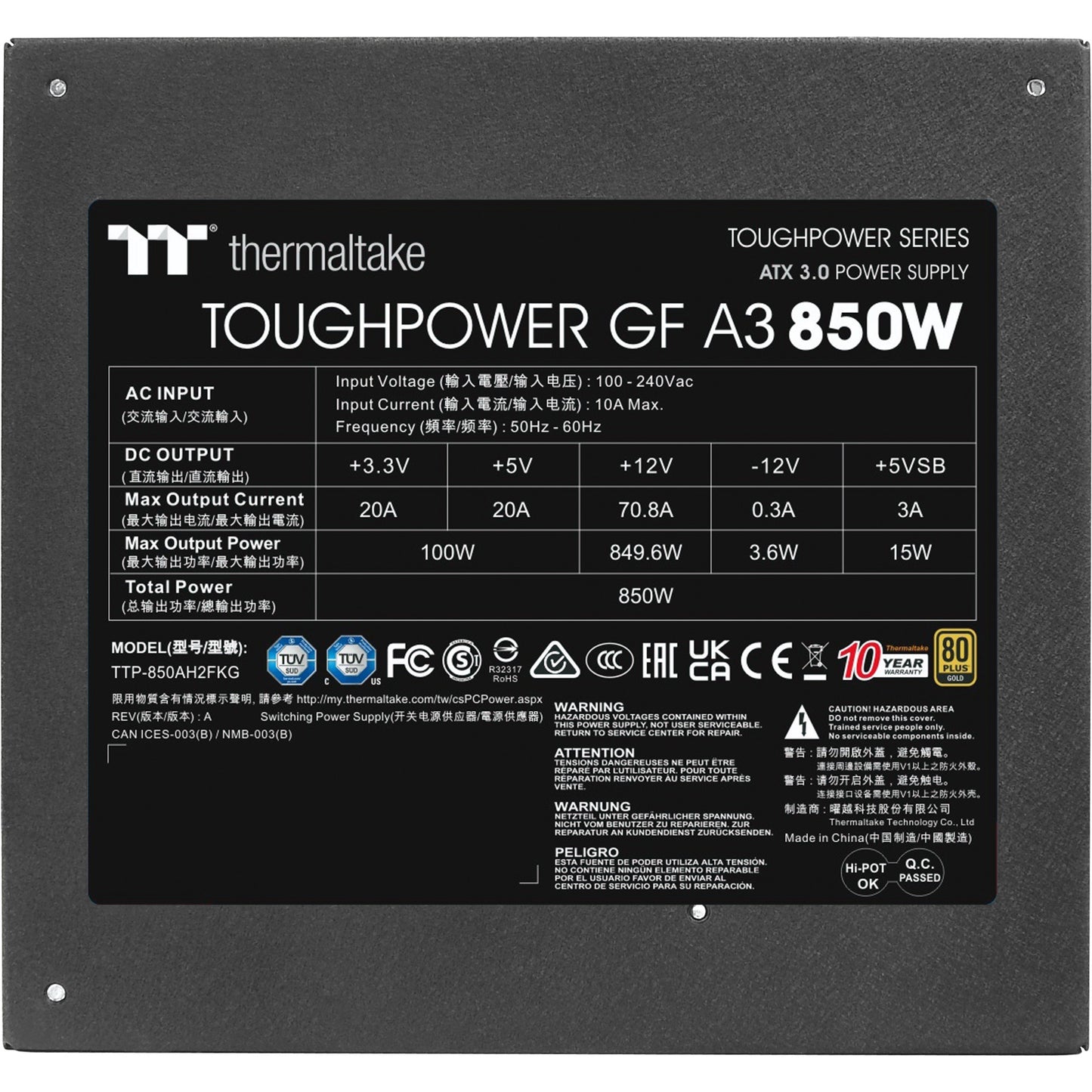 Thermaltake toughpower gf a3 gold - tt premium edition modulaire 850 watt voeding (zwart, 4x pcie)
