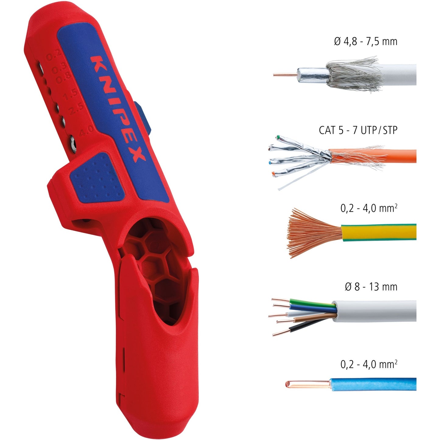 KNIPEX ergostrip universeel kabelstrip- ontmantelingsgereedschap (rood blauw)