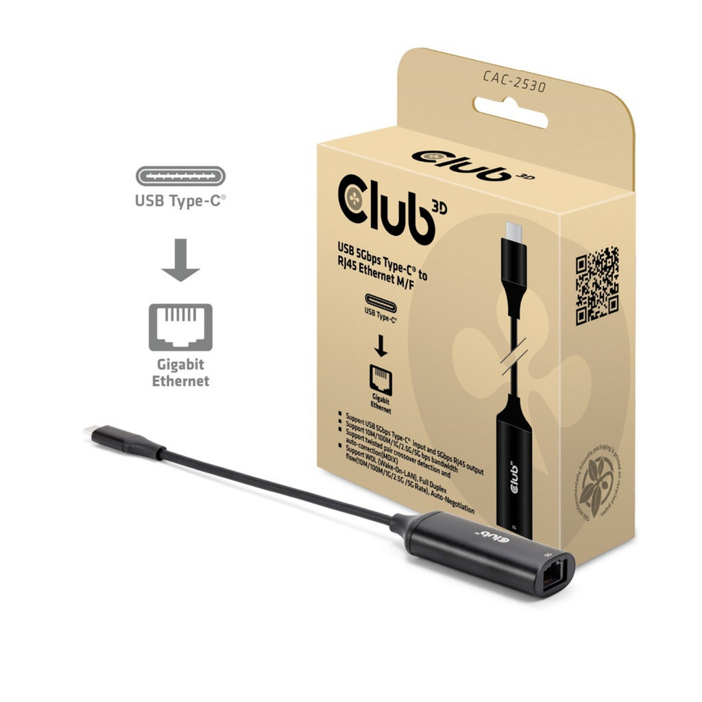 Club 3D usb-c naar rj45 5gbps ethernet m f adapter (zwart)