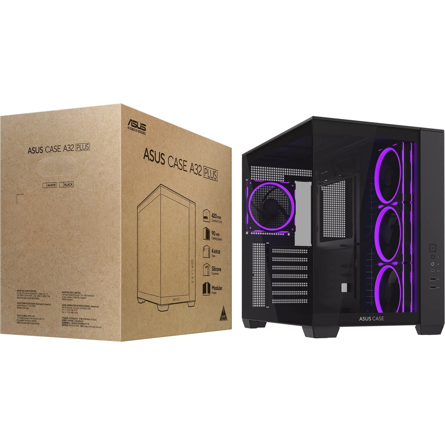 ASUS a32 plus midi tower behuizing (zwart | 2x usb-a | 1x usb-c | rgb | tempered glass)