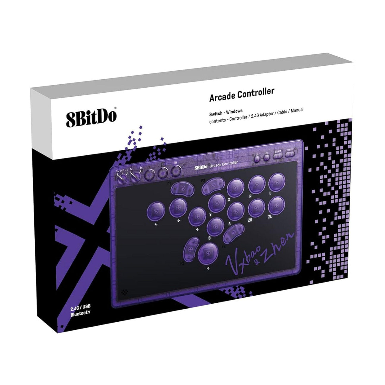 8BitDo arcade controller - transparent purple signature edition (paars transparant, 2.4 ghz bluetooth usb, nintendo switch 1 + 2, pc)
