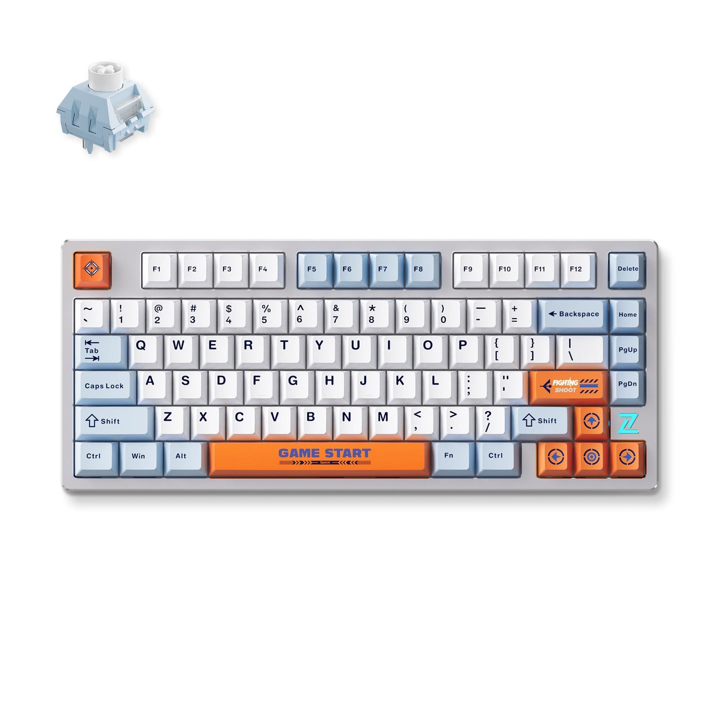 MCHOSE Z75S Orange Blue Snow Tiger Metal Top Cover Wireless Mechanical RGB toetsenbord (Grijs, US lay-out (QWERTY), TTC Snow Tiger, 75%, RGB, Hot swap, Double-shot PBT, draadloos | Bluetooth | USB-C)