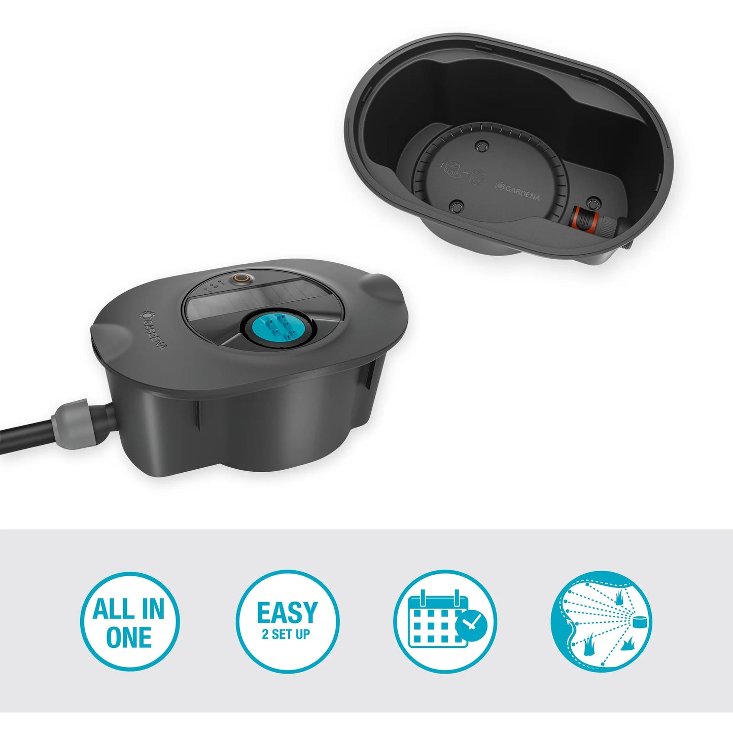 GARDENA complete set pipeline irrigatiesysteem aquaprecise op zonne-energie voor gazon sprinklersysteem (grijs turquoise)