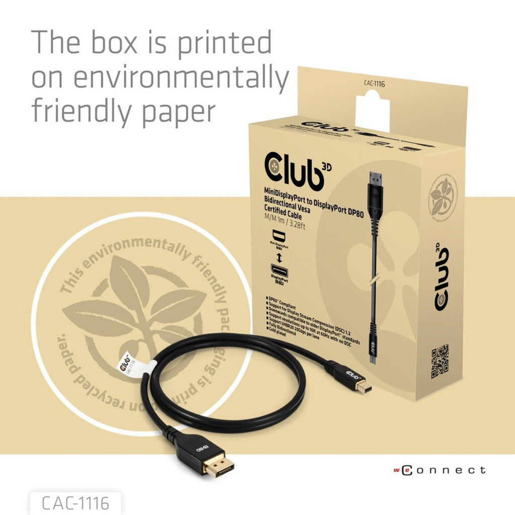 Club 3D minidisplayport naar displayport dp80 bidirectioneel adapter (zwart, 1 meter, vesa-gecertificeerd)