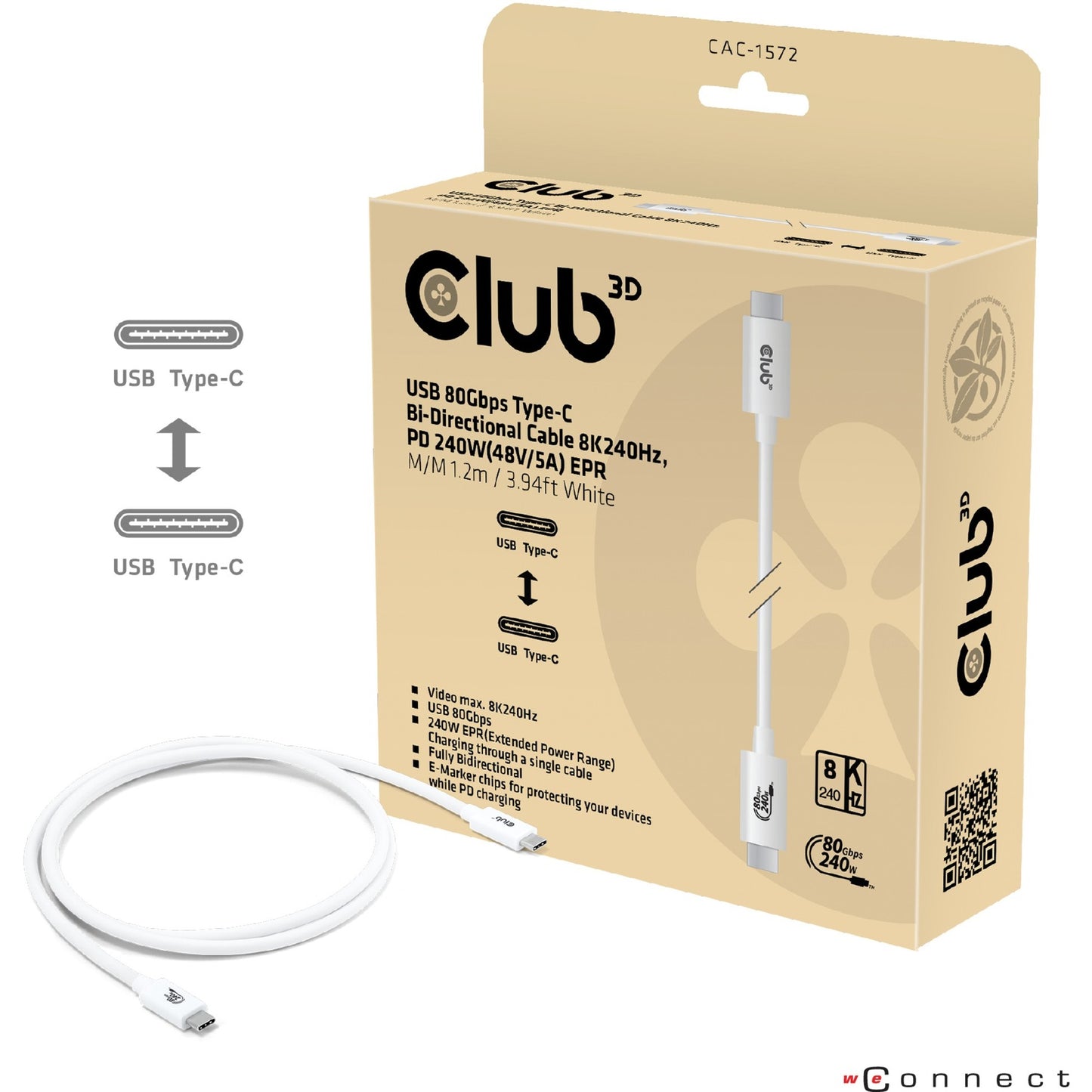 Club 3D usb-c 80gbps certified 240w 8k 240hz kabel (wit, 1.2m)