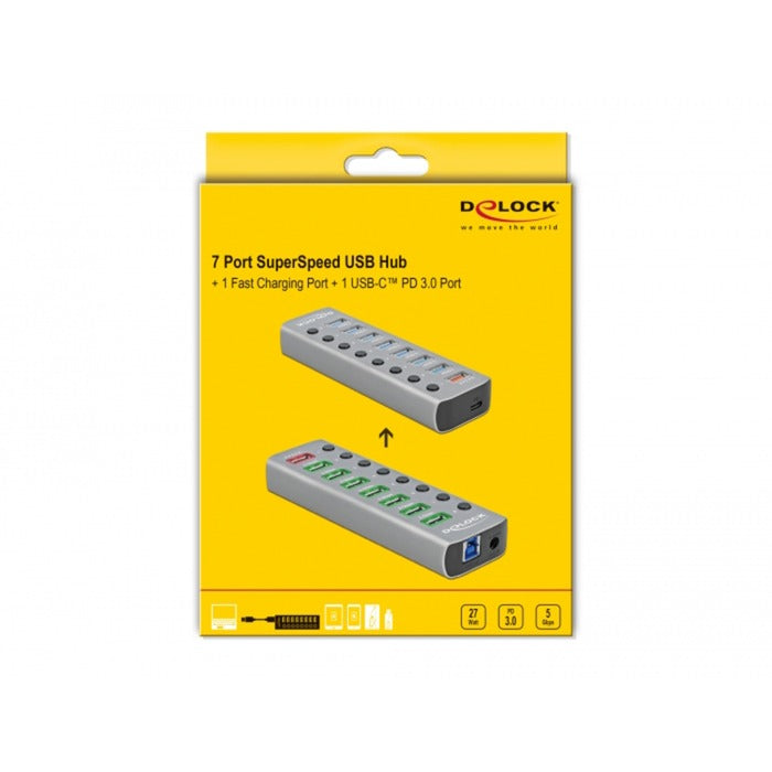 DeLOCK usb 3.2 gen 1 hub met 7 poorten usb-hub (grijs)