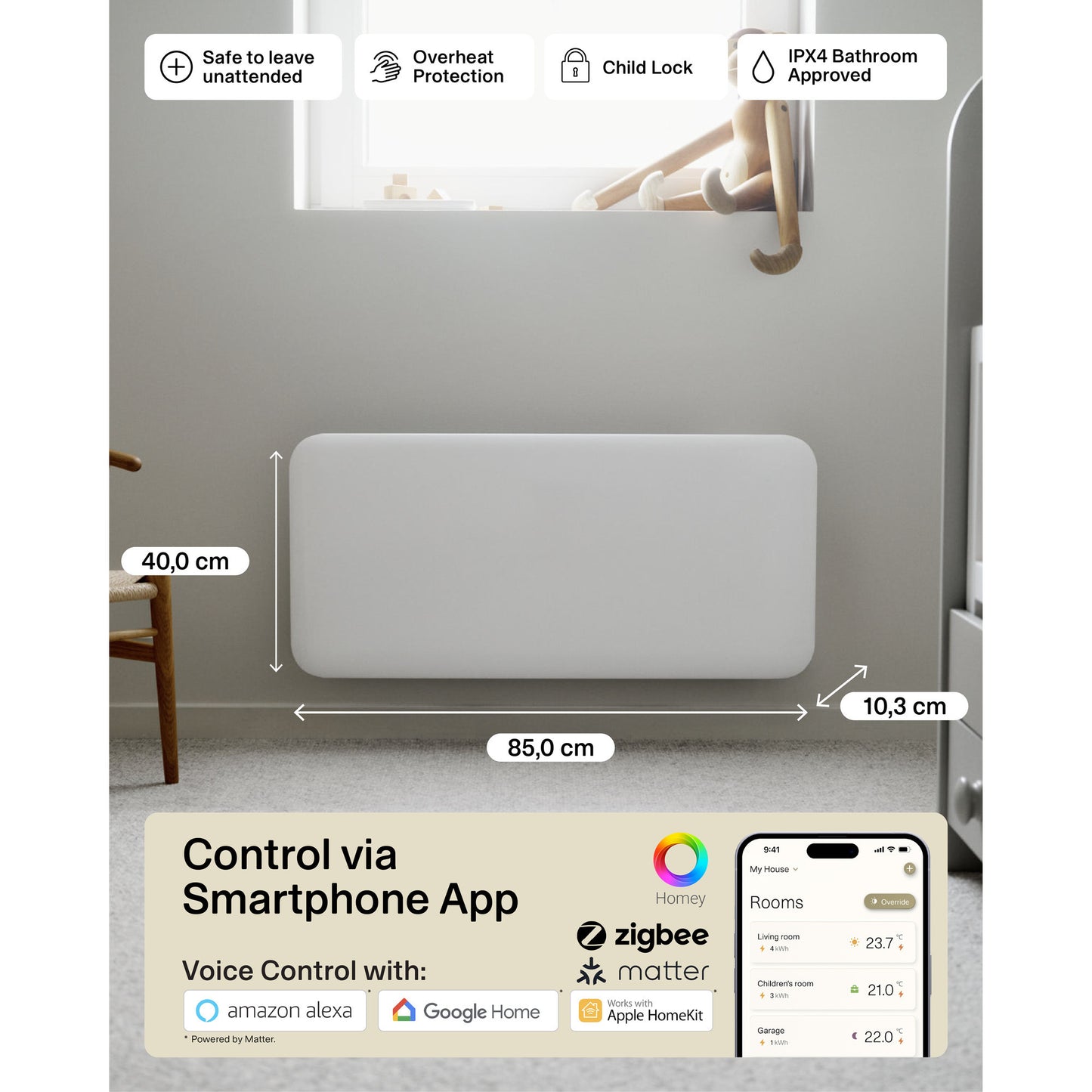 Mill steel wifi paneelverwarming pa1500wifi4a, 1500 watt convector (wit, wifi 2,4 ghz (wifi 6), bluetooth 5.2, zigbee 3.0 + app)