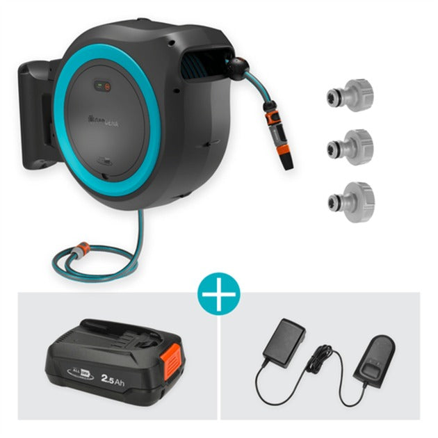 GARDENA 35 m wand-slangenbox powerroll xl slanghaspel (grijs turquoise, 35 meter, accu en oplader inbegrepen, power for all alliance)