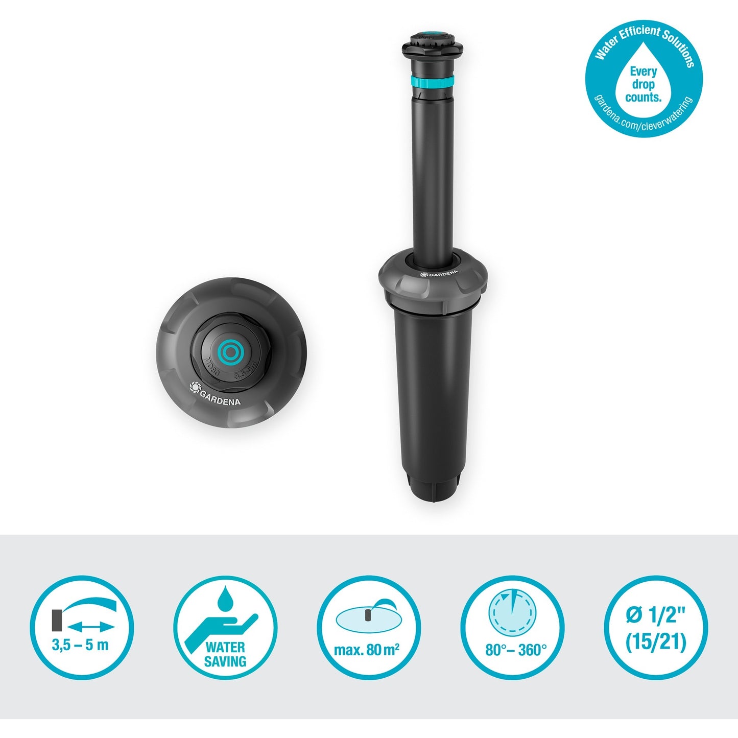 GARDENA pop-up sprinkler md80 sproeier (zwart grijs, sproeiafstand tussen 3,5 m en 5 m)
