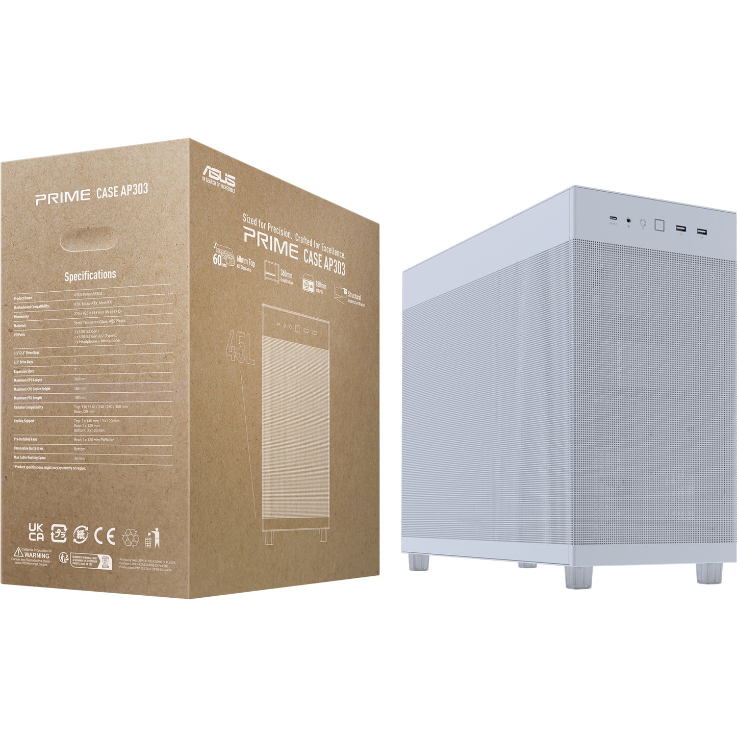 ASUS prime ap303 - mesh panel midi tower behuizing (wit | 2x usb-a | 1x usb-c)