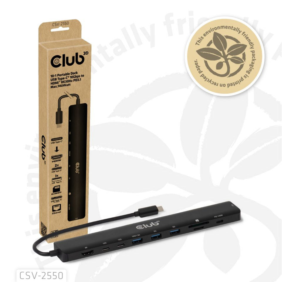 Club 3D 10-1 portable dock usb type-c 10gbps to hdmi 8k30hz pd3.1 max.140 watt dockingstation (zwart, hdmi, usb-c, lan)