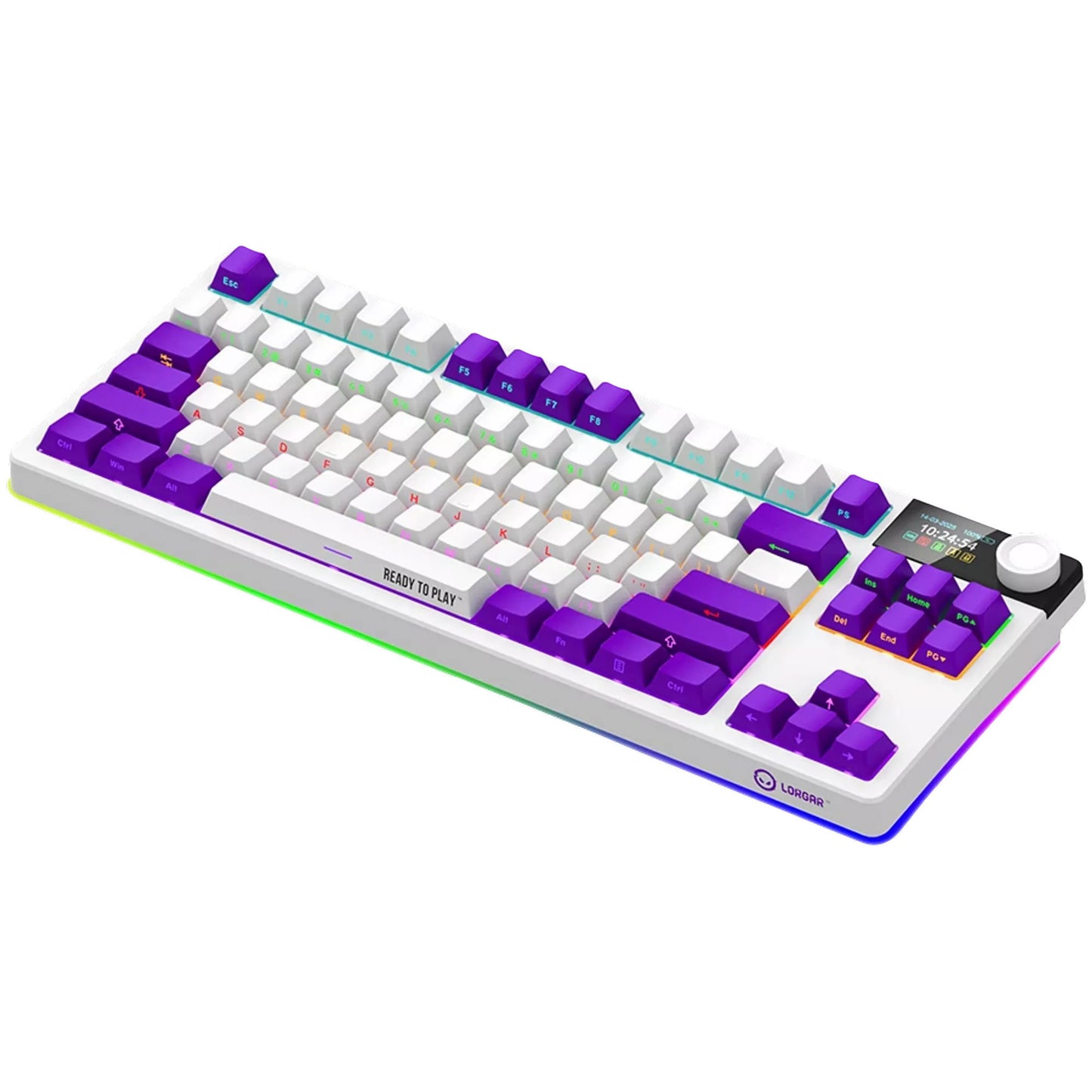 LORGAR kbp70tklw rgb mechanisch gaming toetsenbord (wit, us lay-out (qwerty), logar toxic purple, 80% (tkl), rgb, hot-swappable, pbt double-shot, bluetooth | 2.4ghz | usb)