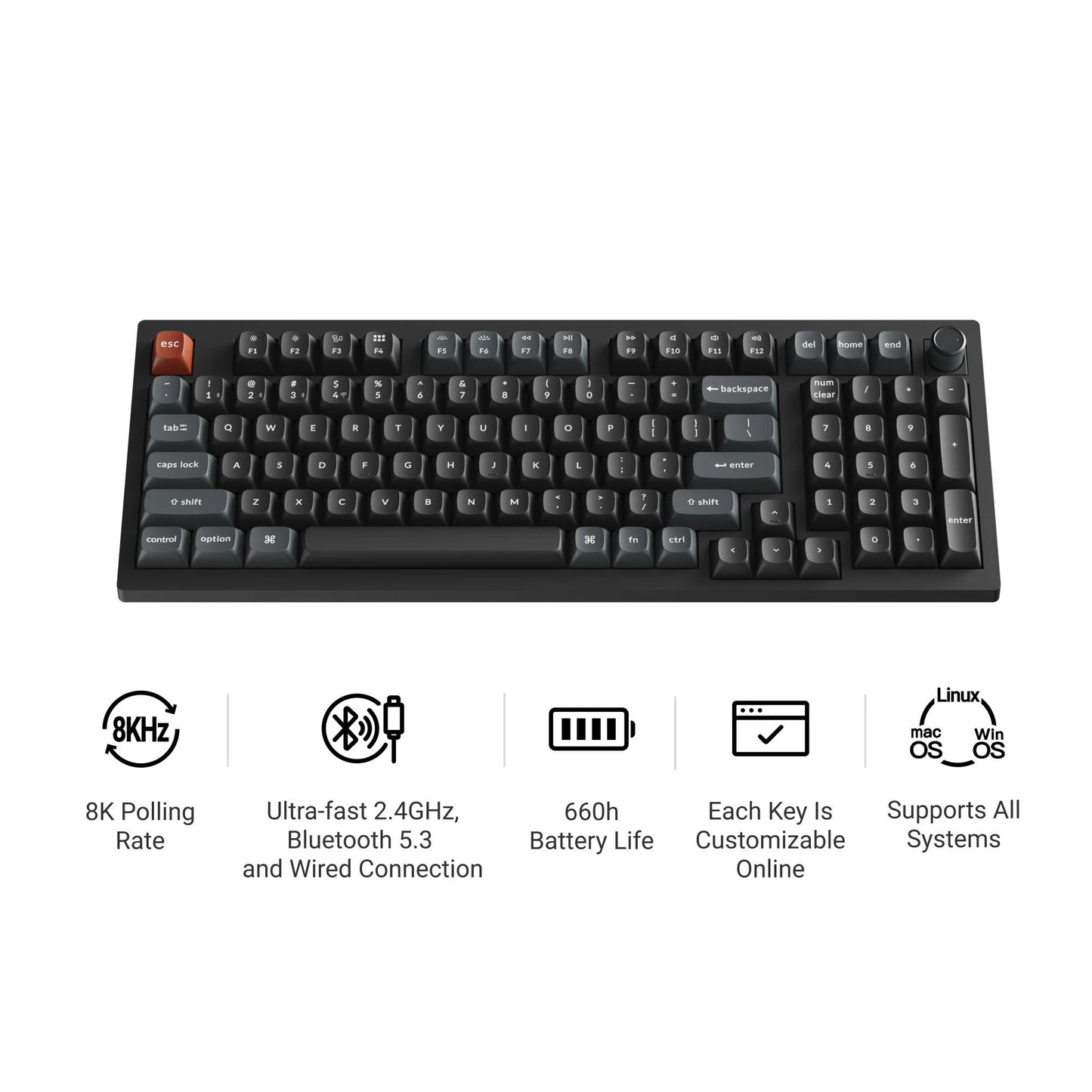 Keychron v5 ultra 8k wireless custom mechanical keyboard (zwart, us lay-out (qwerty), silk pom red, 96%, rgb, hot swap, 2.4 ghz | bluetooth 5.3 | usb-c)