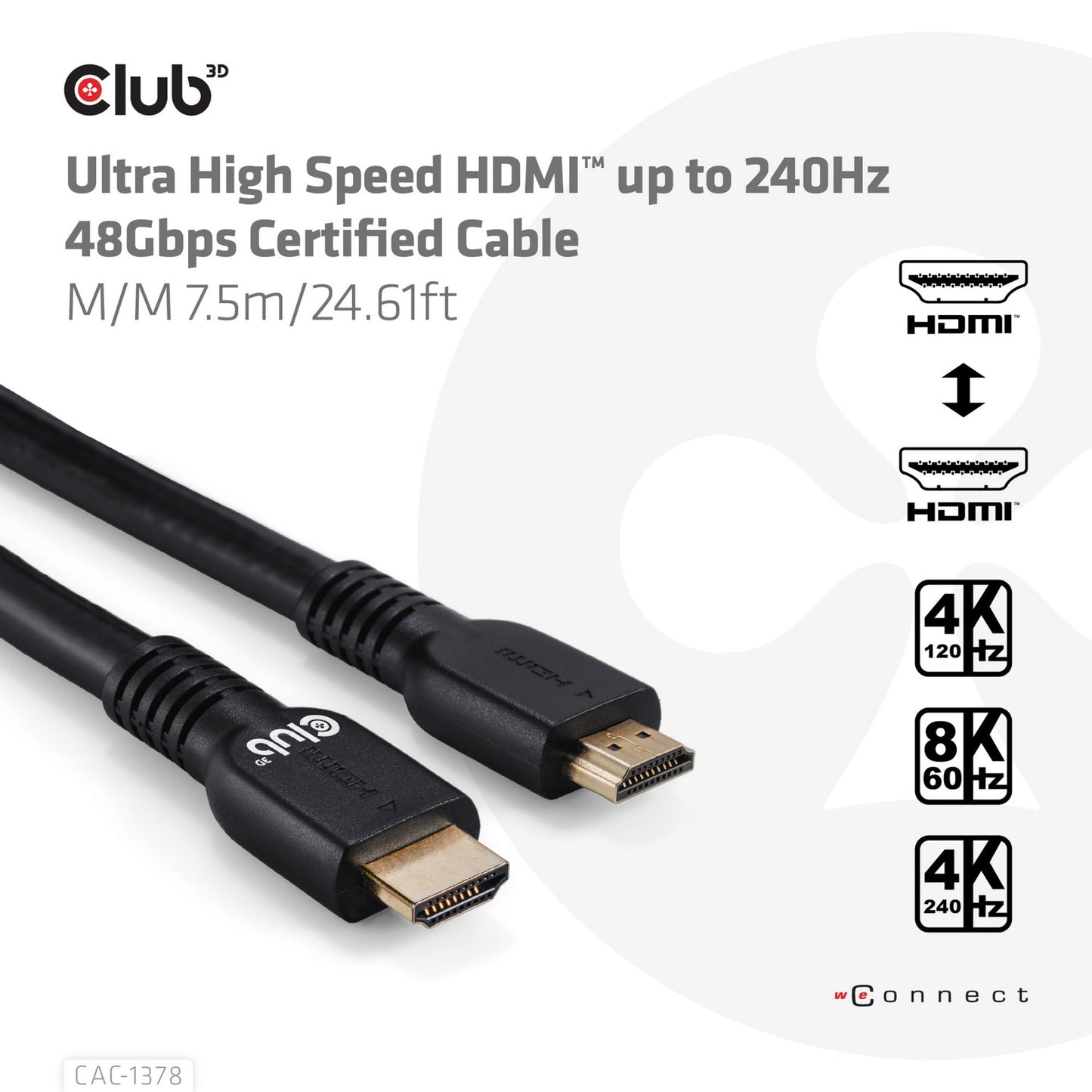 Club 3D ultra high speed hdmi 2.1 gecertificeerde kabel male-male (zwart, 7,5 meter, 4k 240hz, 8k 60hz, 48gbps)