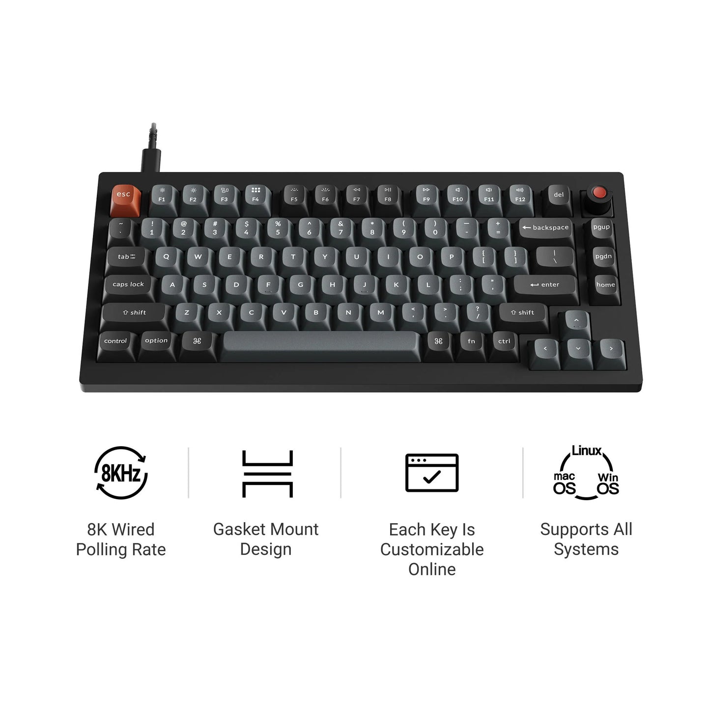 Keychron v1w-d4 8k qmk wired custom mechanical keyboard (zwart, us lay-out (qwerty), super banana, 75%, rgb leds, double-shot pbt, hot swap, 8k, knop)