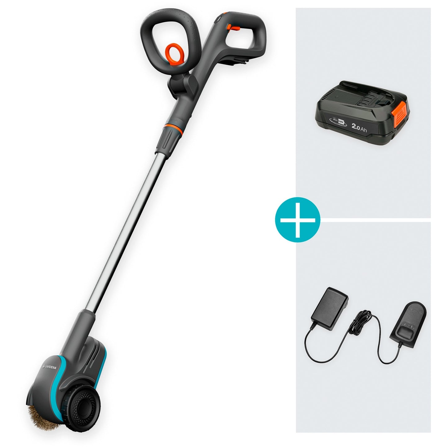 GARDENA easyweed accu-onkruidborstel 1800 18v p4a gebruiksklare set onkruidverwijderaar (grijs turquoise, accu en oplader inbegrepen, power for all alliance)