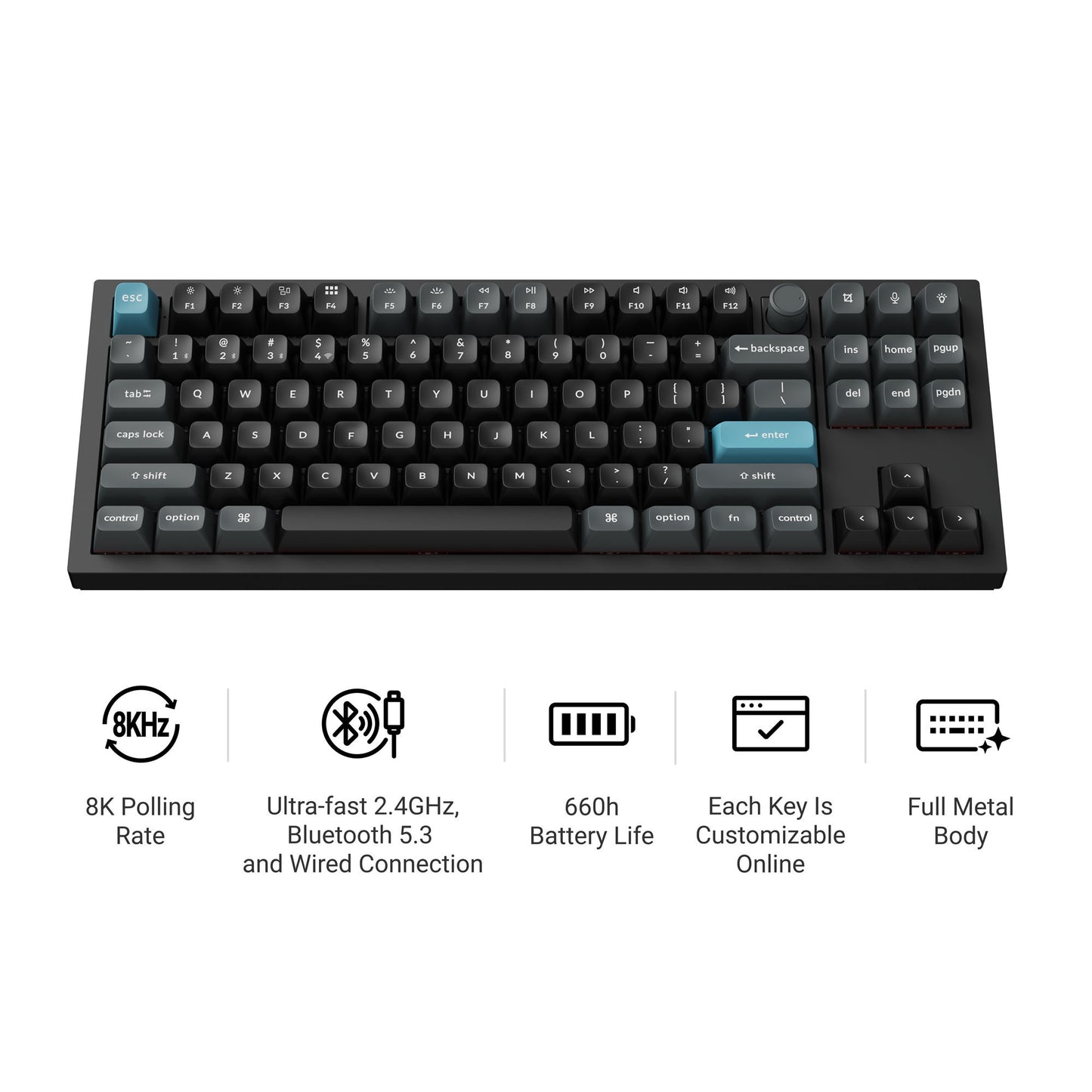 Keychron q3 ultra-m3 8k wireless custom mechanical keyboard (zwart, us lay-out (qwerty), silk pom brown, 80% (tkl), rgb, hot swap, 8k, 2.4 ghz | bluetooth 5.2 | usb-c)
